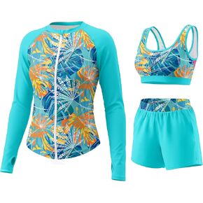 3 Piece Rash Guard for Women Long Sleeve Swimsuits Bathing Suit Zip up Swim Top Shirt Swim Over 50 UPF 50+ in Kuwait