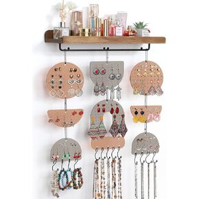Keebofly Wall Mounted Jewelry Organizer, Boho Hanging Earring Holder with Wood Shelf & Necklace Hooks, Acrylic Pegboard Earring Display Rack for 100+ Pairs Studs, Hoops & Dangles, Decorative Storage in Kuwait
