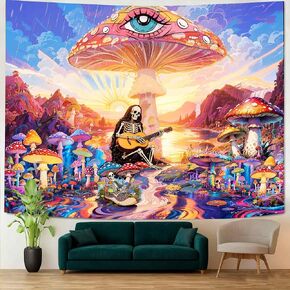 SHRAPHY Mushroom Eyes Skeleton Guitar Tapestry Wall Decoration Blue Sky Sun Colorful Plants River Mountains Cute and Fun Retro Aesthetics Hippie Fantasia Bedroom Dormitory Livingroom 60 "x40 Inches in Kuwait