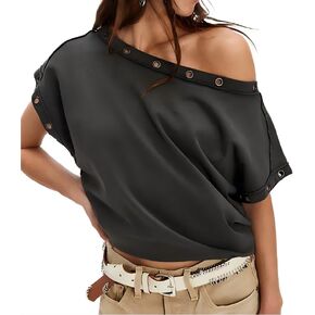 تي شيرت نسائي مكشوف الكتفين بأكمام قصيرة عصري Y2k تي شيرت كاجوال فضفاض لصيف باتوينغ للخروج in Kuwait