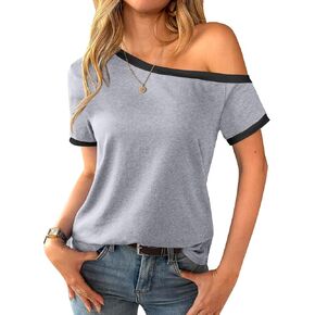 LilyCoco Women Short Sleeve Off The Shoulder Tops Asymmetrical Ringer Tee Shirts in Kuwait