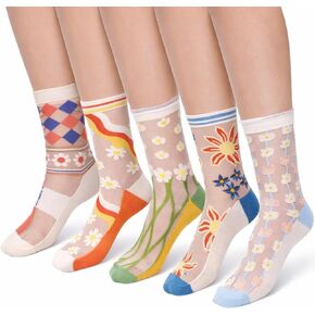5Pairs Sheer Floral Socks, See Through Frilly Socks Women, Summer Thin Transparent Flower Sock, Ankle Jacquard Crystal Glass Sock (US: 5-8.5) in Kuwait