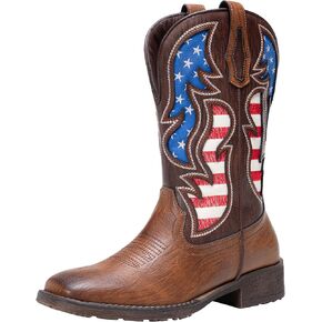 Jousen Cowboy Boots for Men Western Boot Side Zipper American Flag Retro Square Toe Mid-Calf Mens Boots in Kuwait