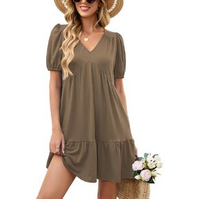 فساتين Naggoo الصيفية للسيدات كاجوال للشاطئ ورقبة على شكل حرف V وأكمام قصيرة منتفخة فستان قصير متأرجح مكشكش مع جيوب in Kuwait
