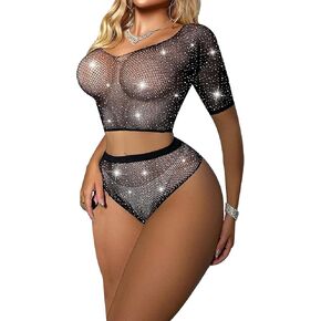 Sexy Fishnet Lingerie Set for Women Sheer Mesh Bodysuit Outfits Rhinestone Rave Outfit in Saudi Arabia