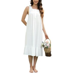 Rubehoow Nightgown Women's Long Cotton Sleep Dress Vintage Floral Sleeveless Nightshirt with Pockets and Button in Kuwait