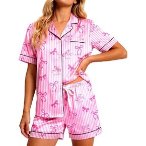 المرأة الحرير بيجامة من الساتان مجموعة قصيرة الأكمام ملابس خاصة لينة زر أسفل 2 قطعة Pjs السراويل مجموعات المتسكعون S-XL in Kuwait