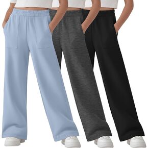 مجموعة من 3 بناطيل رياضية للبنات بأرجل مستقيمة وخصر مطاطي للركض، بنطال فضفاض مع جيوب رقعة، مقاس 5-14 سنة in Kuwait