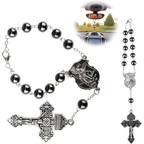 2 Pcs St. Michael Car Rosary for Rearview Mirror, Catholic Decade Pocket Rosary with 8mm Black Beads, Crucifix and Medal, Auto Truck Accessory for Prayer and Travel (Black) in Kuwait