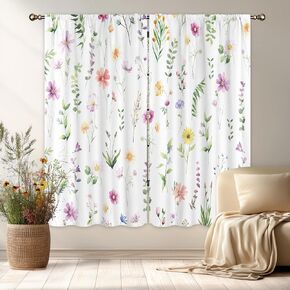 LIGHTINHOME Spring Floral Curtains 42Wx63H Inch Boho Watercolor Blooming Flowers Farmhouse Wildflower Botanical Plants Rod Pocket Girls Bedroom Living Room Window Drapes Treatment Fabric 2 Panels in Kuwait