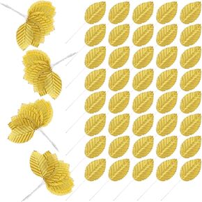 Gold Artificial Leaves with Stems - 120 PCS Realistic Silk/Fabric Leaves, Golden Fabric Floral Fake Wire Crafts Leaves, DIY Corsage Single Leaf for Wedding Party Home Decor Flower Bouquet in Kuwait