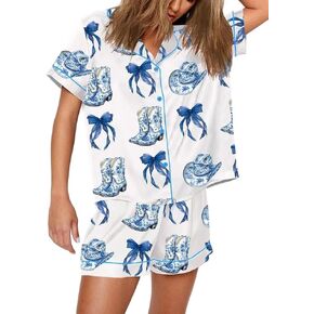 LOYAL-SHOP Coquette Blue Bow And Boots Cowgirl Short Sleeve Satin Pajama Set, Cowboy Boots Pajamas Shirt in Saudi Arabia