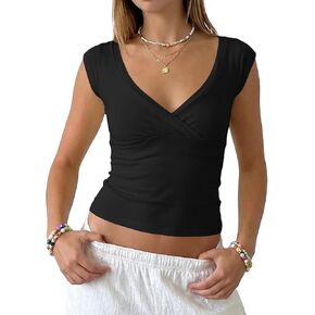 Cioatin Women Basic Solid Cap Sleeve Wrap V Neck Crop Tank Slim Fit Y2K Minimalist Clean Girls Summer Going Out Shirt Tops in Kuwait