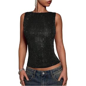 بلوزة نسائية لامعة بدون أكمام بحجر الراين اللامع بدون أكمام ورقبة دائرية مناسبة للحفلات الليلية والحفلات والنوادي والحفلات الموسيقية in Kuwait