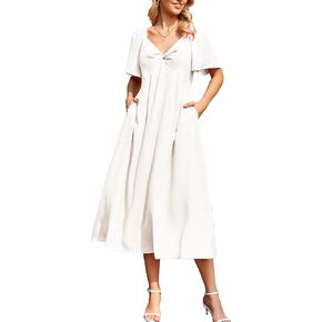 Kikibell Womens Summer Dresses V Neck Back Tie Flowy Midi Dress Long Formal Wedding Guest Beach Vacation Outfits with Pockets in Kuwait