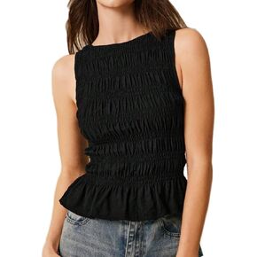 قميص نسائي عصري برقبة قارب Smocked Shired تانك توب Y2k سليم صالح بلا أكمام طبقات مطوي كشكش هيم كامي قميص in Kuwait