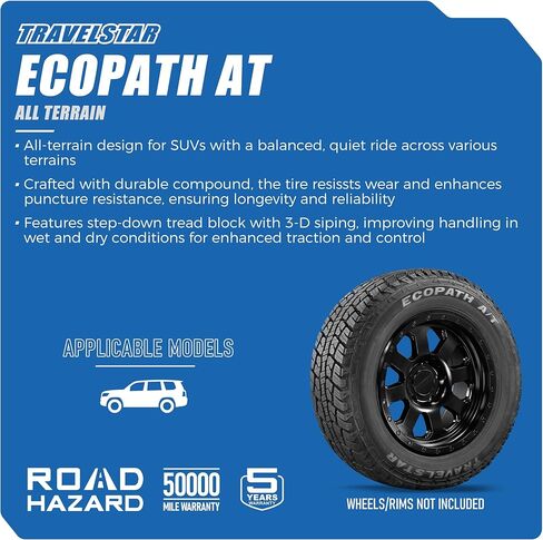 مجموعة من 4 إطارات Travelstar Ecopath AT LT275/70R18 125/122S10 Ply Load Range E، مناسبة لجميع التضاريس لجميع المواسم للشاحنات الخفيفة، الإطارات فقط، تتضمن ضمانًا لمدة 3 سنوات ضد مخاطر الطريق in Kuwait