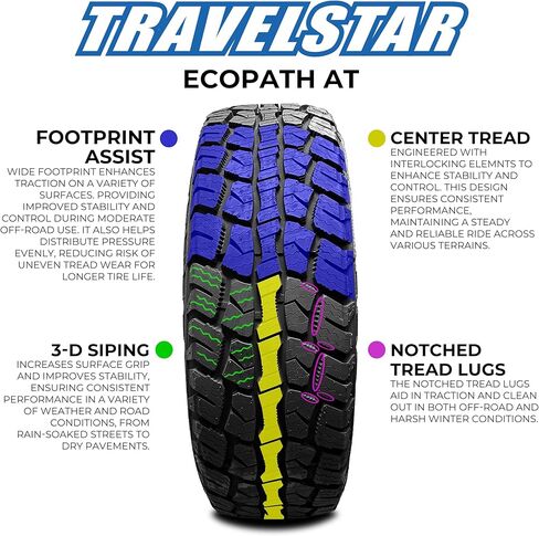 مجموعة من 4 إطارات Travelstar Ecopath AT LT275/70R18 125/122S10 Ply Load Range E، مناسبة لجميع التضاريس لجميع المواسم للشاحنات الخفيفة، الإطارات فقط، تتضمن ضمانًا لمدة 3 سنوات ضد مخاطر الطريق in Kuwait