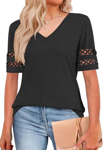 Womens Summer Tops Short Sleeve Shirts V Neck Trendy Blouses Beach Vacation Fashion Clothing Spring Outfits 2026 in Kuwait