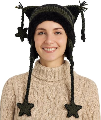 Y2K Cat Beanie with Stars, Black Green Stripe Crochet Hat, Warm Winter Hat for Women, Slouchy Beanies, Vintage Beanies Accessories for 22.4-23.2 in Head in Kuwait
