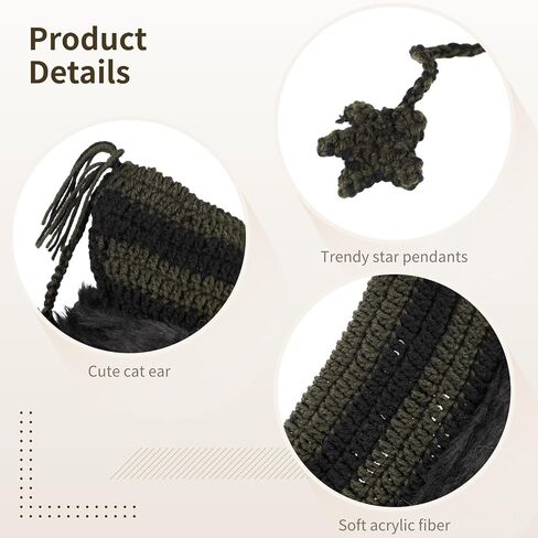 Y2K Cat Beanie with Stars, Black Green Stripe Crochet Hat, Warm Winter Hat for Women, Slouchy Beanies, Vintage Beanies Accessories for 22.4-23.2 in Head in Kuwait