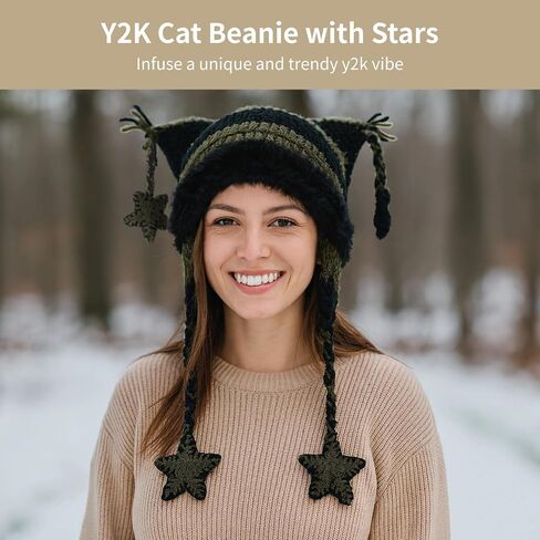 Y2K Cat Beanie with Stars, Black Green Stripe Crochet Hat, Warm Winter Hat for Women, Slouchy Beanies, Vintage Beanies Accessories for 22.4-23.2 in Head in Kuwait