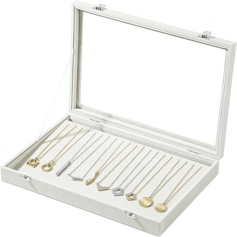 صندوق منظم القلادة، منظم حامل القلادة، علبة عرض القلادة 20 فتحة، صينية مجوهرات قلادة قابلة للفصل مع غطاء زجاجي للنساء (بيج، 20 فتحة) in Kuwait