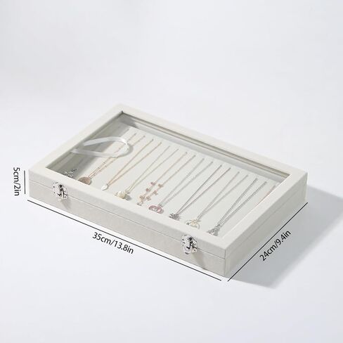 صندوق منظم القلادة، منظم حامل القلادة، علبة عرض القلادة 20 فتحة، صينية مجوهرات قلادة قابلة للفصل مع غطاء زجاجي للنساء (بيج، 20 فتحة) in Kuwait