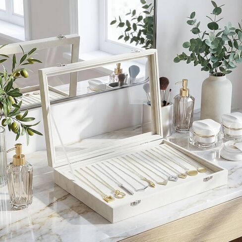 صندوق منظم القلادة، منظم حامل القلادة، علبة عرض القلادة 20 فتحة، صينية مجوهرات قلادة قابلة للفصل مع غطاء زجاجي للنساء (بيج، 20 فتحة) in Kuwait