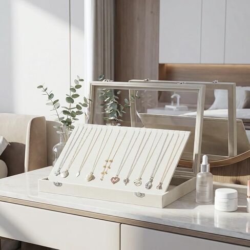 صندوق منظم القلادة، منظم حامل القلادة، علبة عرض القلادة 20 فتحة، صينية مجوهرات قلادة قابلة للفصل مع غطاء زجاجي للنساء (بيج، 20 فتحة) in Kuwait