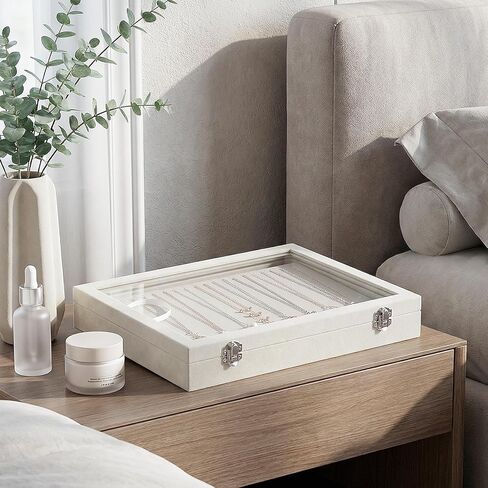 صندوق منظم القلادة، منظم حامل القلادة، علبة عرض القلادة 20 فتحة، صينية مجوهرات قلادة قابلة للفصل مع غطاء زجاجي للنساء (بيج، 20 فتحة) in Kuwait