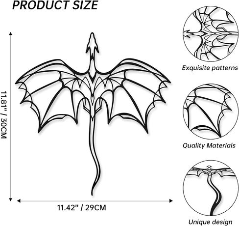 YATEASLU Line Art Dragon Silhouette Metal Wall Decor- Fantasy Winged Dragon Art for Home, Indoor Outdoor Decor (11.81"x11.42", Black) in Kuwait