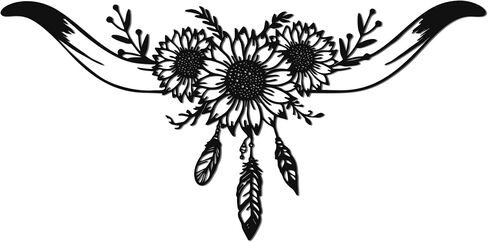 JEWLOVE ديكور الحائط الغربي - جمجمة طويلة القرن مع تصميم عباد الشمس والريش، فن جداري معدني، ديكور جمجمة البقرة لغرفة النوم الغربية، والحمام، والمنزل in Kuwait