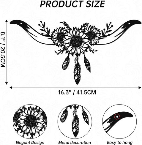 JEWLOVE ديكور الحائط الغربي - جمجمة طويلة القرن مع تصميم عباد الشمس والريش، فن جداري معدني، ديكور جمجمة البقرة لغرفة النوم الغربية، والحمام، والمنزل in Kuwait