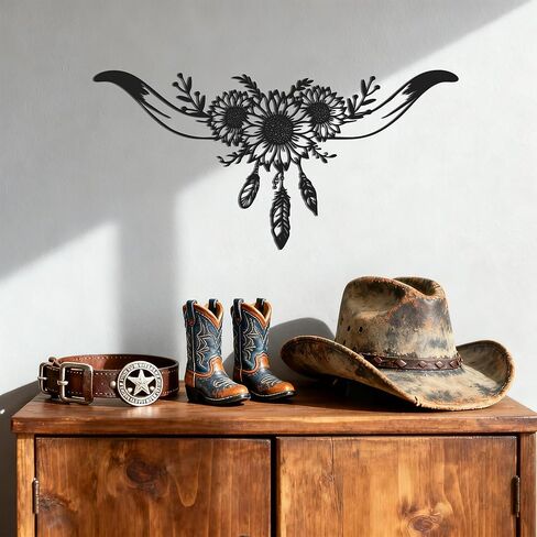 JEWLOVE ديكور الحائط الغربي - جمجمة طويلة القرن مع تصميم عباد الشمس والريش، فن جداري معدني، ديكور جمجمة البقرة لغرفة النوم الغربية، والحمام، والمنزل in Kuwait