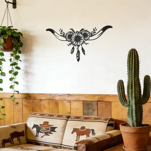 JEWLOVE ديكور الحائط الغربي - جمجمة طويلة القرن مع تصميم عباد الشمس والريش، فن جداري معدني، ديكور جمجمة البقرة لغرفة النوم الغربية، والحمام، والمنزل in Kuwait
