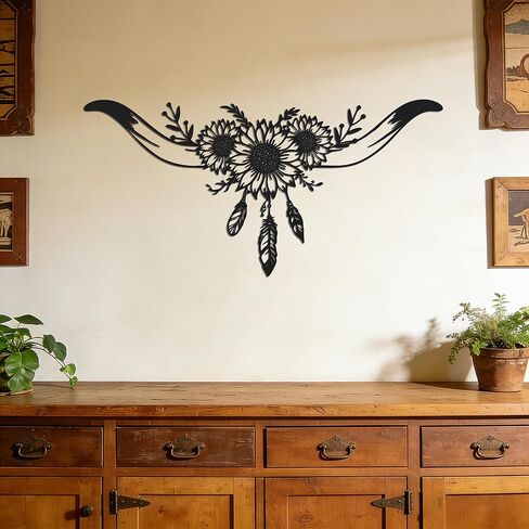 JEWLOVE ديكور الحائط الغربي - جمجمة طويلة القرن مع تصميم عباد الشمس والريش، فن جداري معدني، ديكور جمجمة البقرة لغرفة النوم الغربية، والحمام، والمنزل in Kuwait