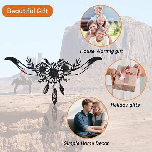 JEWLOVE ديكور الحائط الغربي - جمجمة طويلة القرن مع تصميم عباد الشمس والريش، فن جداري معدني، ديكور جمجمة البقرة لغرفة النوم الغربية، والحمام، والمنزل in Kuwait