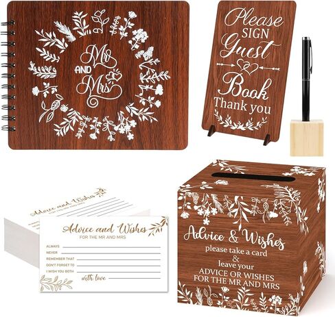 Wooden Wedding Guest Book Wedding Reception Sign in Guestbook with Pen and Holder, Table Sign,Memory Cards Box,Memory Registry Album 64 Pages for Anniversary Engagement Supplies in Kuwait