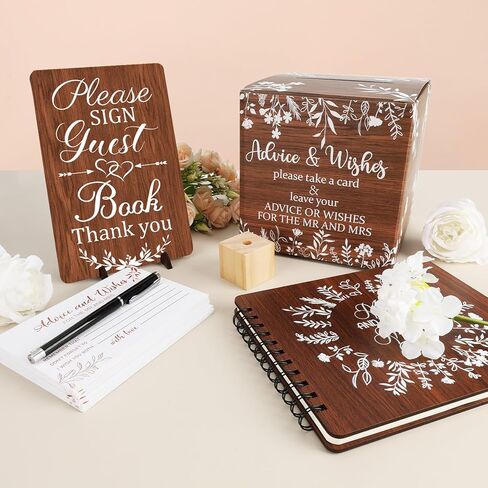 Wooden Wedding Guest Book Wedding Reception Sign in Guestbook with Pen and Holder, Table Sign,Memory Cards Box,Memory Registry Album 64 Pages for Anniversary Engagement Supplies in Kuwait