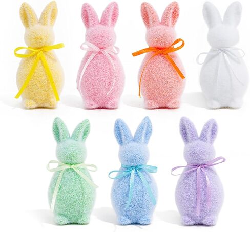 7PCS Easter Flocked Bunny Decorations,Mini Foam Bunny with Bow Tie Flocking Rabbit Tabletop Ornament for Table Gift Spring Wreath Party Farmhouse Home Decoration in Kuwait