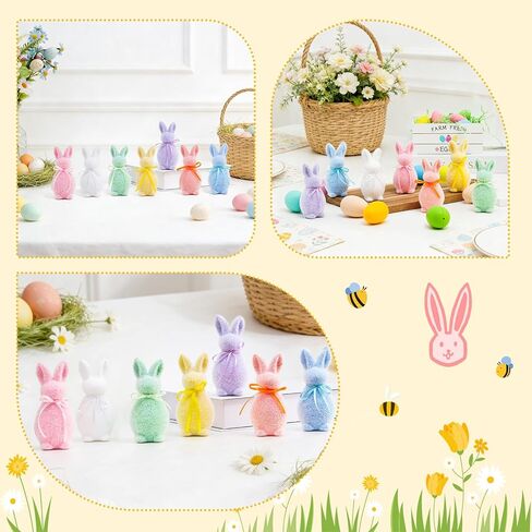 7PCS Easter Flocked Bunny Decorations,Mini Foam Bunny with Bow Tie Flocking Rabbit Tabletop Ornament for Table Gift Spring Wreath Party Farmhouse Home Decoration in Kuwait