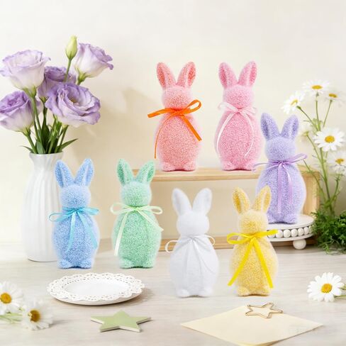 7PCS Easter Flocked Bunny Decorations,Mini Foam Bunny with Bow Tie Flocking Rabbit Tabletop Ornament for Table Gift Spring Wreath Party Farmhouse Home Decoration in Kuwait