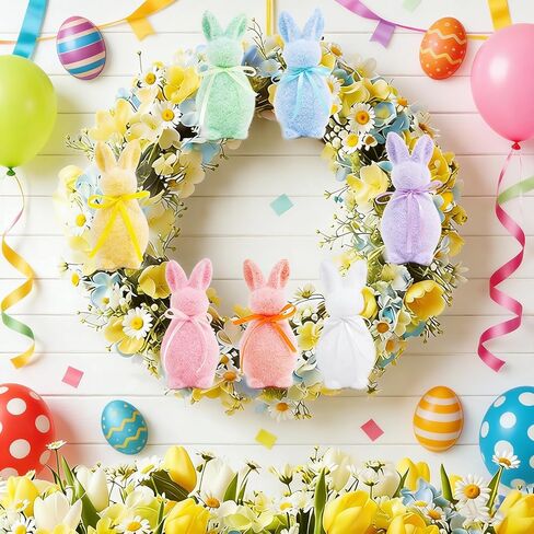 7PCS Easter Flocked Bunny Decorations,Mini Foam Bunny with Bow Tie Flocking Rabbit Tabletop Ornament for Table Gift Spring Wreath Party Farmhouse Home Decoration in Kuwait