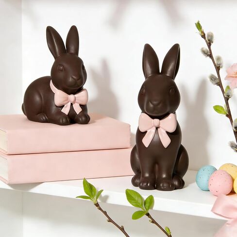 DN DECONATION Easter Decorations Bunny Figurines Set with Pink Bow, Chocolate Easter Bunny Decor for Brown Rabbit Statues Farmhouse Home Decor, Resin Tabletop Sculptures for Coffee Table Indoor in Saudi Arabia