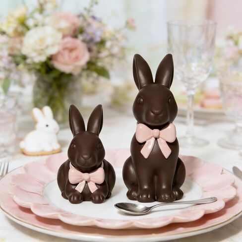 DN DECONATION Easter Decorations Bunny Figurines Set with Pink Bow, Chocolate Easter Bunny Decor for Brown Rabbit Statues Farmhouse Home Decor, Resin Tabletop Sculptures for Coffee Table Indoor in Saudi Arabia