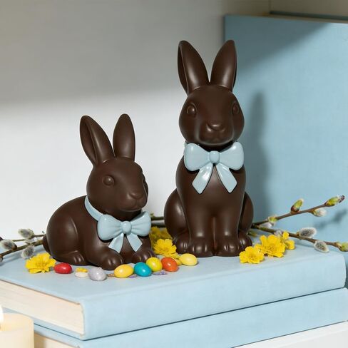DN DECONATION Easter Decorations Bunny Figurines Set with Pink Bow, Chocolate Easter Bunny Decor for Brown Rabbit Statues Farmhouse Home Decor, Resin Tabletop Sculptures for Coffee Table Indoor in Saudi Arabia