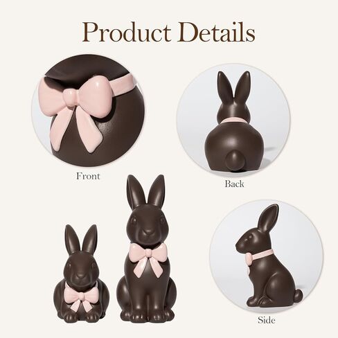 DN DECONATION Easter Decorations Bunny Figurines Set with Pink Bow, Chocolate Easter Bunny Decor for Brown Rabbit Statues Farmhouse Home Decor, Resin Tabletop Sculptures for Coffee Table Indoor in Saudi Arabia
