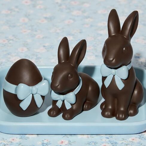 DN DECONATION Easter Decorations Bunny Figurines Set with Pink Bow, Chocolate Easter Bunny Decor for Brown Rabbit Statues Farmhouse Home Decor, Resin Tabletop Sculptures for Coffee Table Indoor in Saudi Arabia