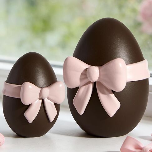 DN DECONATION Easter Decorations Bunny Figurines Set with Pink Bow, Chocolate Easter Bunny Decor for Brown Rabbit Statues Farmhouse Home Decor, Resin Tabletop Sculptures for Coffee Table Indoor in Saudi Arabia